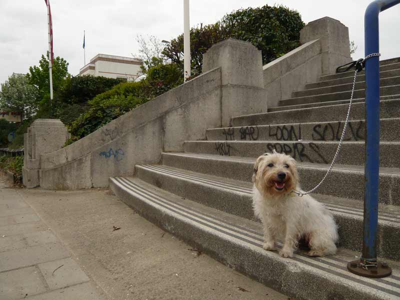 Pickles at steps to former Packard factory